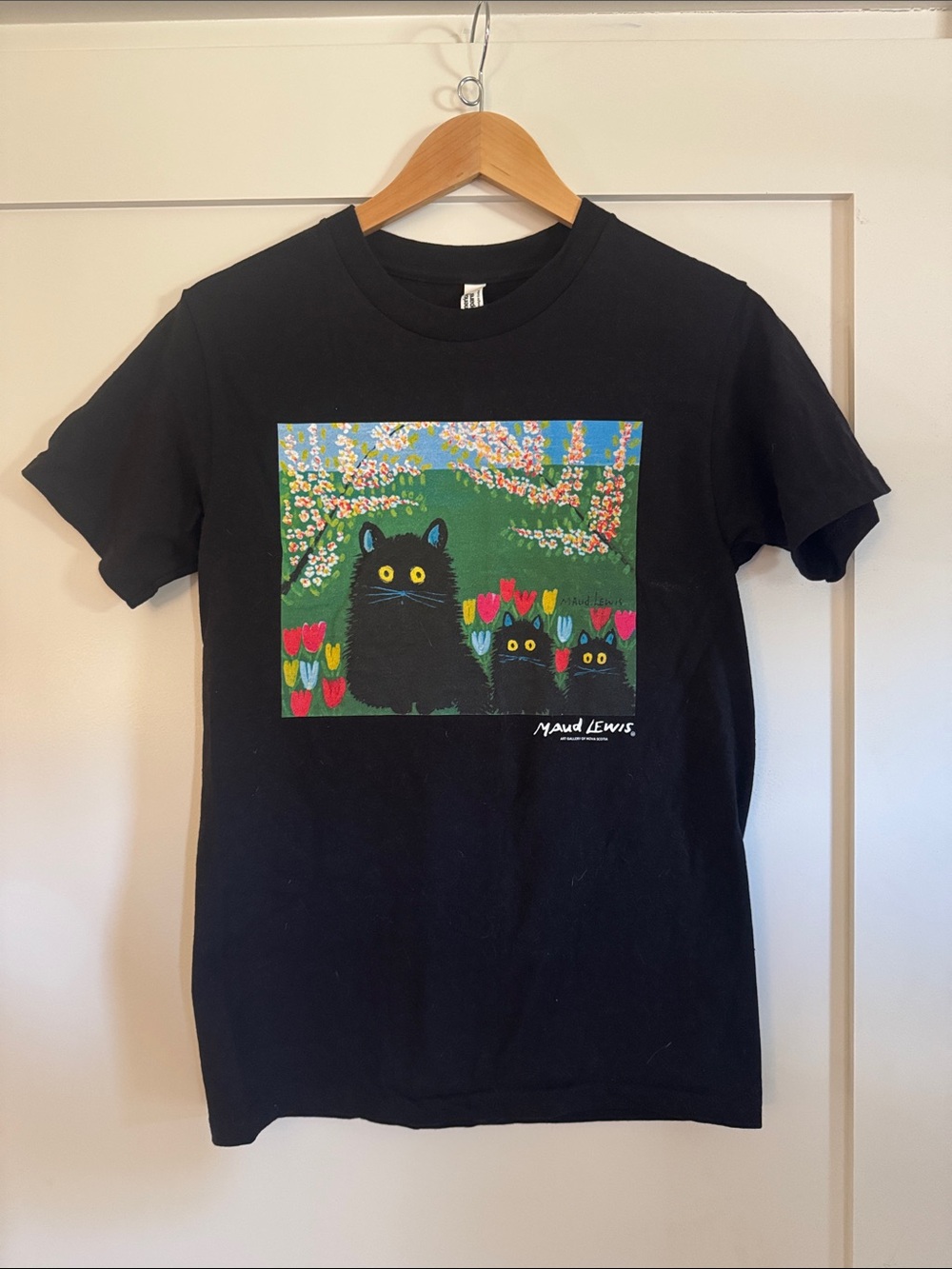 American Apparel Black Tee with Bright Floral Black Cat Art
